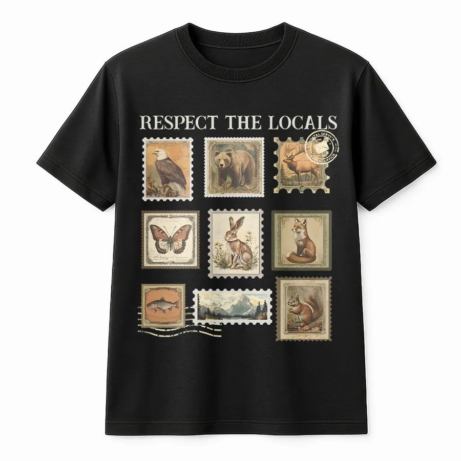 Respect The Locals Wildlife T-Shirt | Vintage Postage Stamp Animal Graphic | Premium Soft Cotton | Gift for Nature Lover & National Park Hiker
