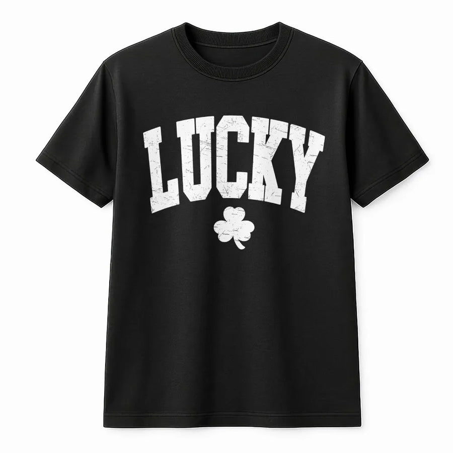 Lucky Shamrock T-Shirt | Distressed Varsity Text Irish Clover Graphic | 100% Soft Cotton Premium Tee | St. Patrick's Day Outfit Gift For Adults