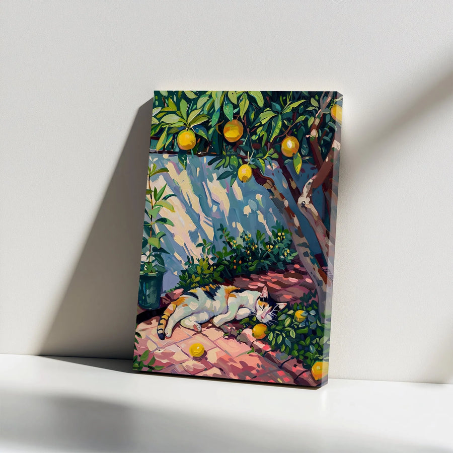 Calico Cat Canvas Wall Art | Painterly Print of Cat Sleeping in Lemon Grove | Premium Gallery Quality Canvas | Gift for Cat Lover & Home Decor
