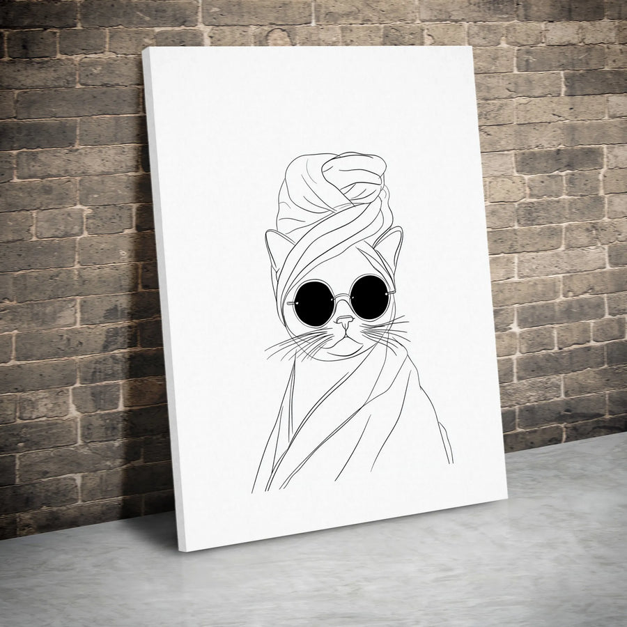 Cat in Towel and Sunglasses Canvas Wall Art | Minimalist Line Drawing | Premium Gallery-Wrapped 1.25 Inch Profile | Fun Bathroom Home Decor Gift