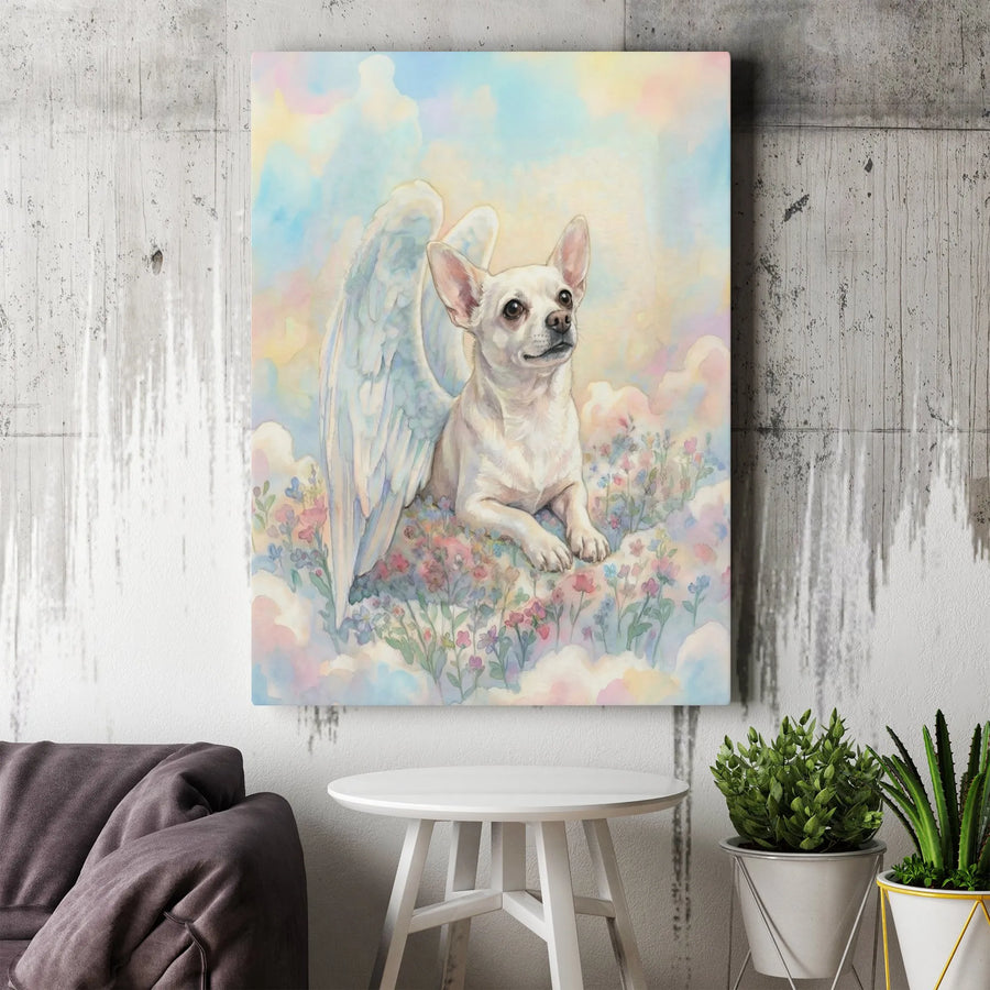 Chihuahua Angel Memorial Canvas Wall Art | Watercolor Rainbow Bridge Portrait | Premium Gallery Wrapped Canvas | Sympathy Gift for Dog Loss