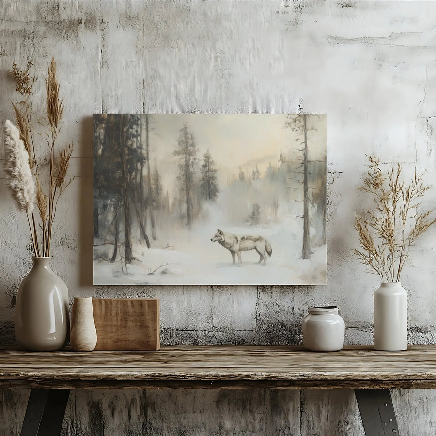 Vintage Wolf Painting Canvas Art | Lone Wolf in Misty Forest Print | Premium Fade-Resistant Canvas | Rustic Cabin Wall Decor Gift