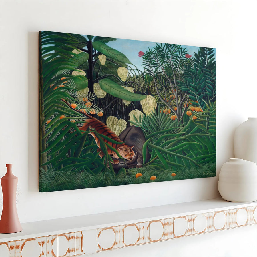 Henri Rousseau Canvas Wall Art | Combat of a Tiger and a Buffalo Reproduction | Premium Gallery Wrap Canvas | Vintage Jungle Decor for Art Lovers