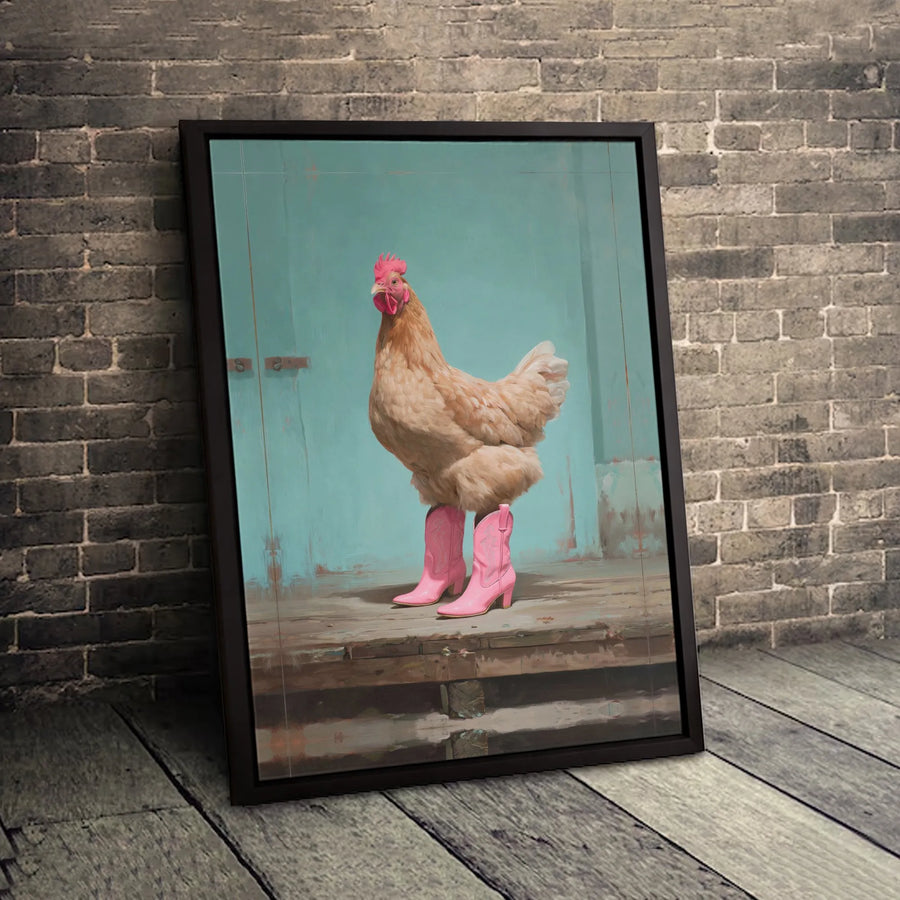 Chicken In Pink Cowboy Boots Canvas Print | Whimsical Farmhouse Wall Art | Gallery Quality Premium Canvas | Funny Country Decor Gift for Her
