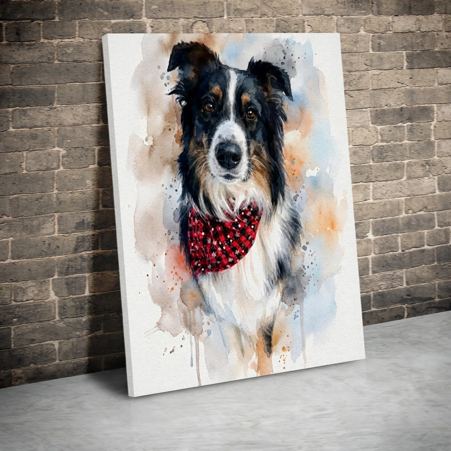 Border Collie Canvas Wall Art | Watercolor Dog Portrait with Red Plaid Bandana | Premium Gallery Wrapped Print | Perfect Gift for Dog Lovers
