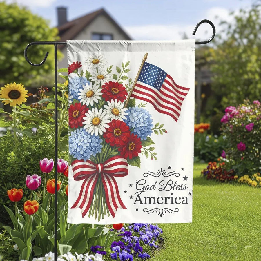 God Bless America Garden Flag | Patriotic Floral American Flag Design | Premium Double-Sided Weather Resistant Polyester | Outdoor 4th of July Yard Decor