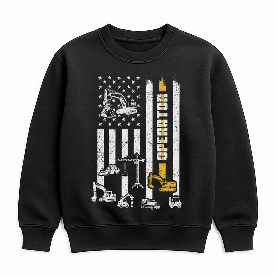Heavy Equipment Operator Sweatshirt | American Flag Construction Graphic | Premium Cotton Blend Crewneck | Gift for Crane Excavator Driver