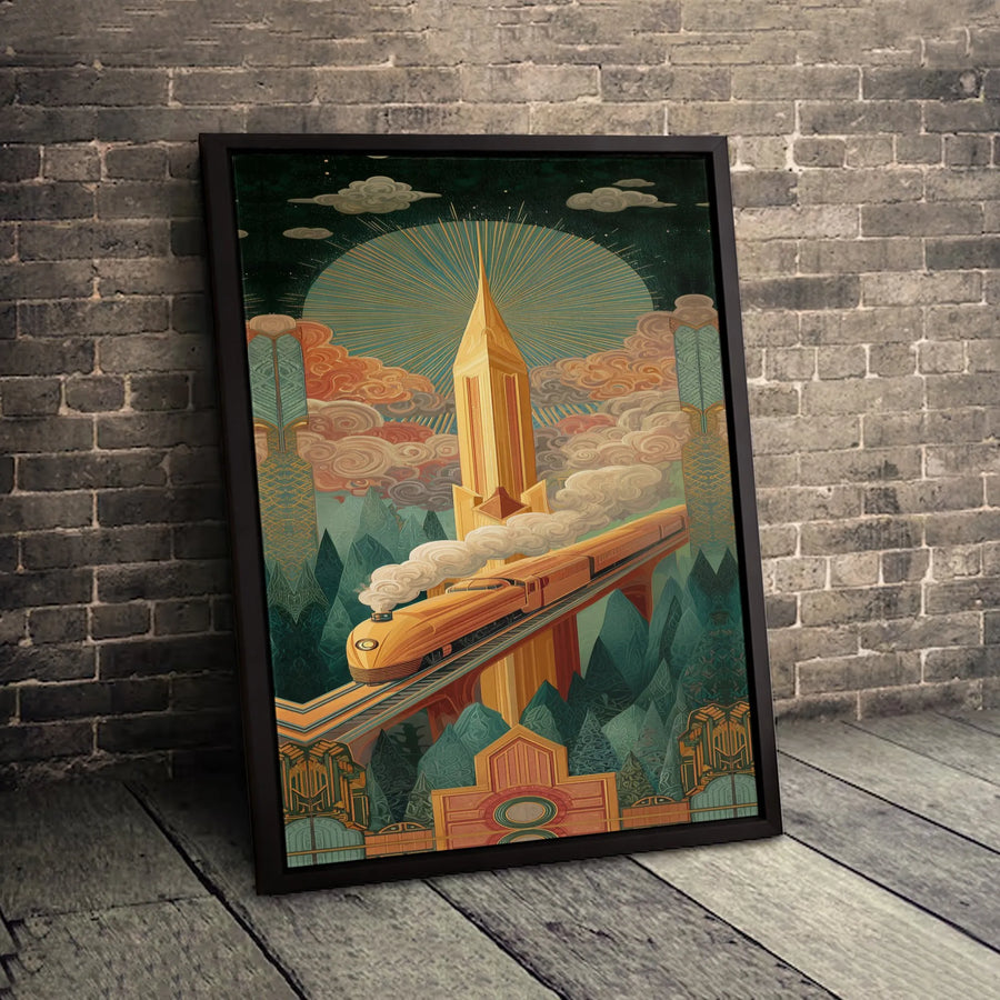 Art Deco Train Wall Art | Golden Streamline Locomotive & Skyscraper Print | Premium Gallery Wrapped Canvas | Vintage Industrial Home Decor Gift