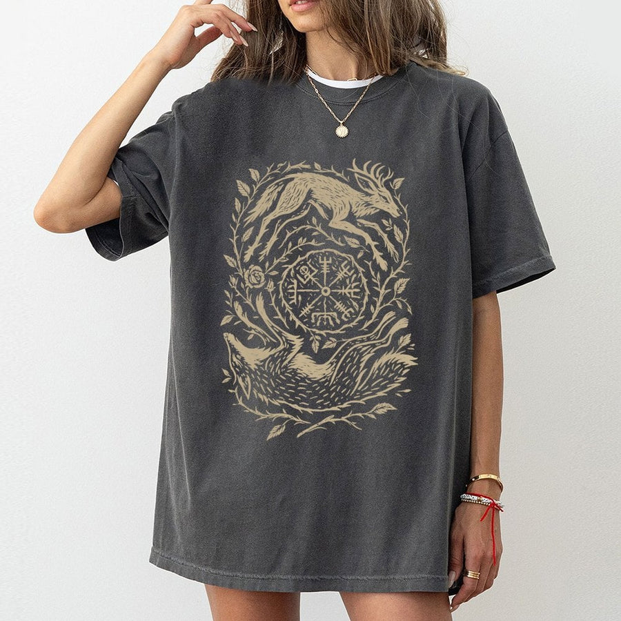 Norse Vegvisir T-Shirt | Wolf and Stag Linocut Graphic | Premium 100% Cotton | Viking Folk Art Gift for Mythology Lovers