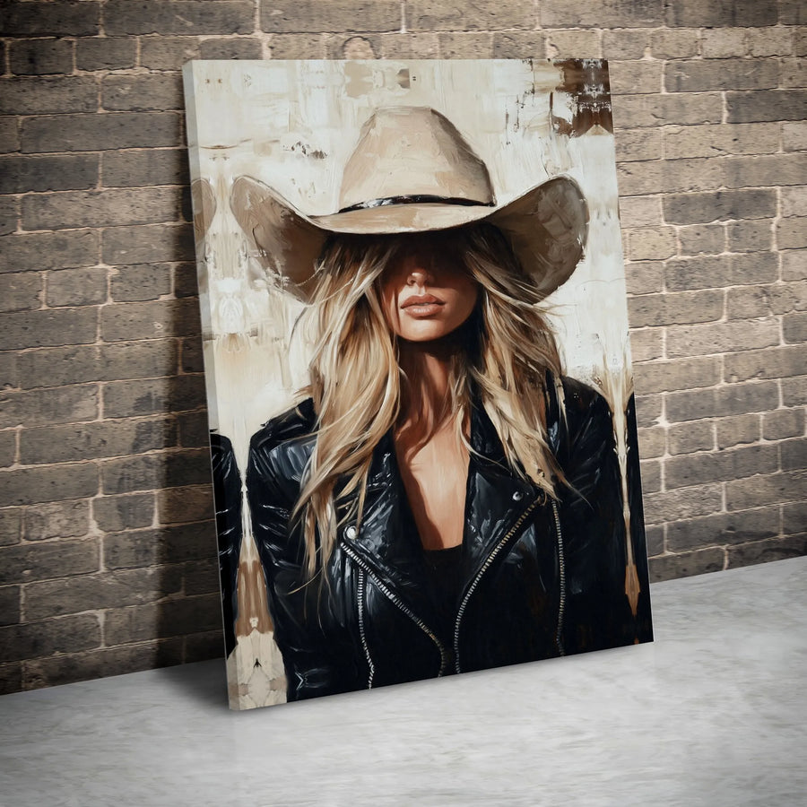 Modern Cowgirl Canvas Wall Art | Blonde Woman in Cowboy Hat Portrait | Premium Canvas Print | Gift for Western Decor Lover
