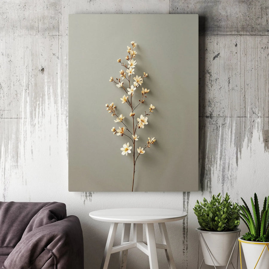 Minimalist White Flower Canvas Wall Art | Scandi Style Botanical Branch Print | Gallery Wrapped Premium Quality | Elegant Home Decor for Living Room Bedroom