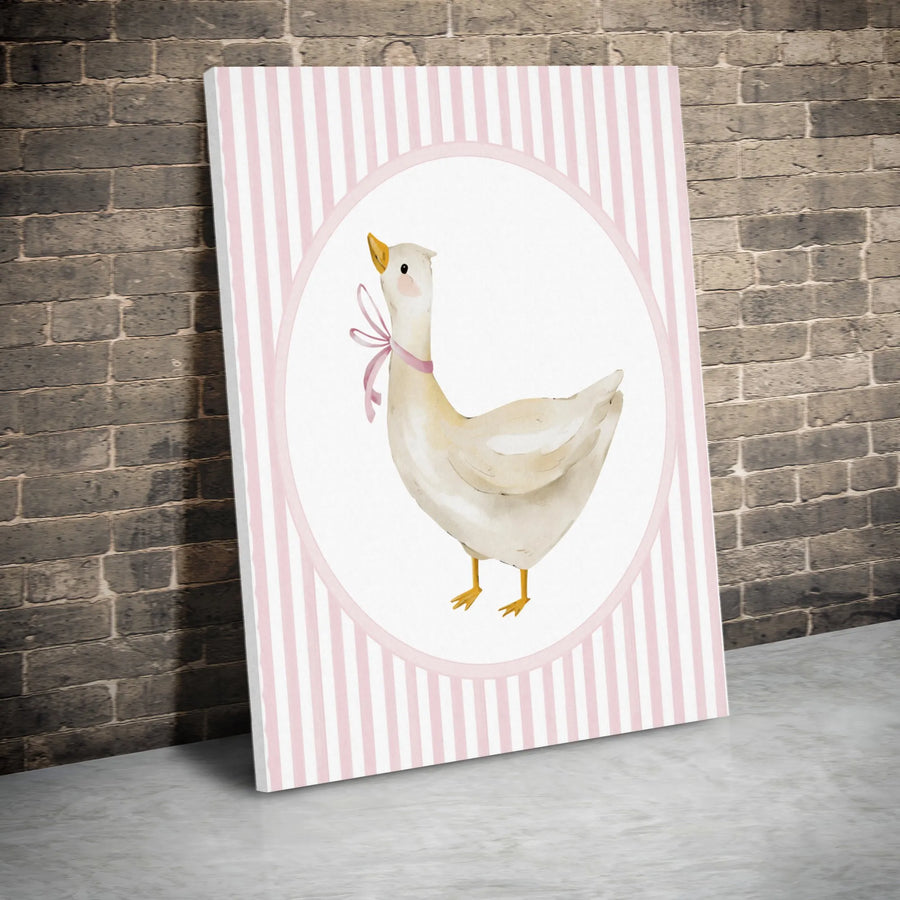 Watercolor Goose Wall Art | Cute Pink Bow Striped Canvas Print | Premium Gallery-Wrapped Decor | Nursery & Farmhouse Wall Art