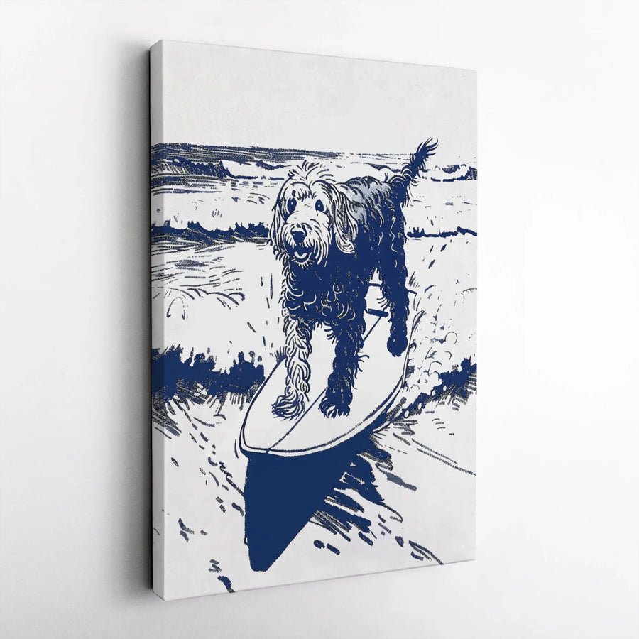 Surfing Doodle Dog Canvas Wall Art | Ocean Waves Sketch Print | Gallery-Quality 1.25 inch Stretched Canvas | Beach House Decor Gift for Dog Lovers