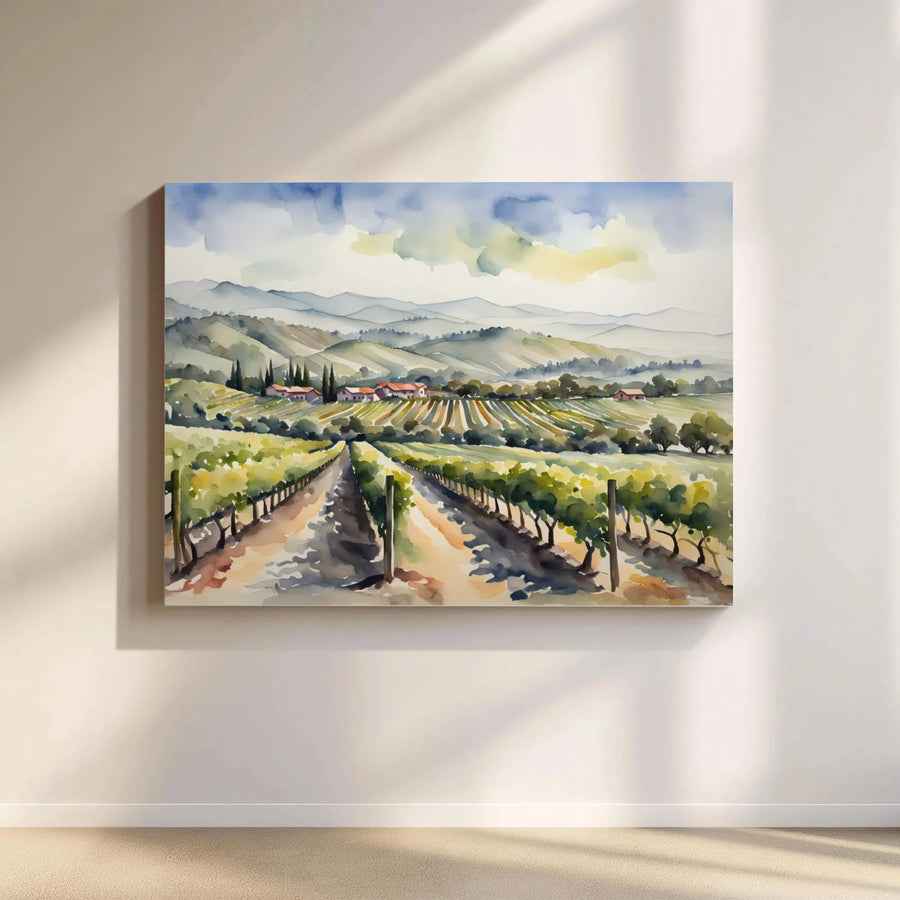 Watercolor Vineyard Landscape Canvas | Rolling Hills Tuscan Scene | Premium 1.25 Inch Gallery Wrap | Home Decor Wall Art Gift for Wine Lovers