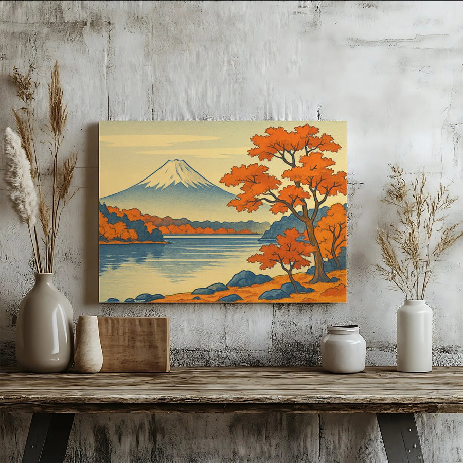 Mount Fuji Canvas Wall Art | Japanese Ukiyo-E Autumn Landscape | Premium Gallery Wrap Print | Zen Home Office Decor Gift