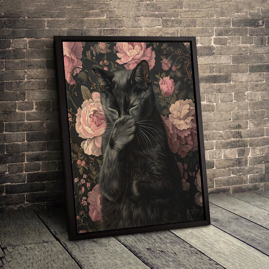 Black Cat Wall Art | Shy Kitty Covering Face Floral Canvas Print | Premium Gallery-Wrapped Decor | Unique Gift for Cat Lovers