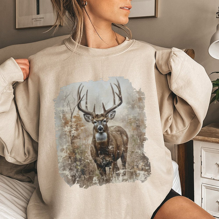 Vintage Deer Sweatshirt | Distressed Wildlife Buck Print | Soft Cotton-Blend Premium Fabric | Nature Lover Hunting Gift For Men And Women