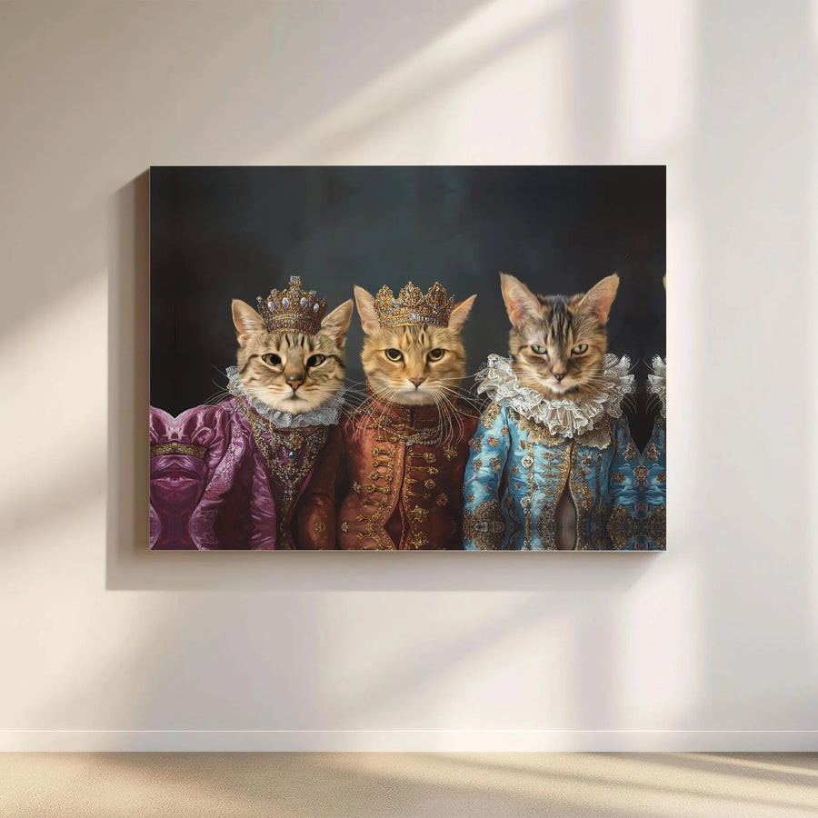 Royal Cat Portrait Canvas Print | Three Regal Cats with Crowns | Premium Gallery Wrap Wall Art | Funny Home Decor Gift for Cat Lovers