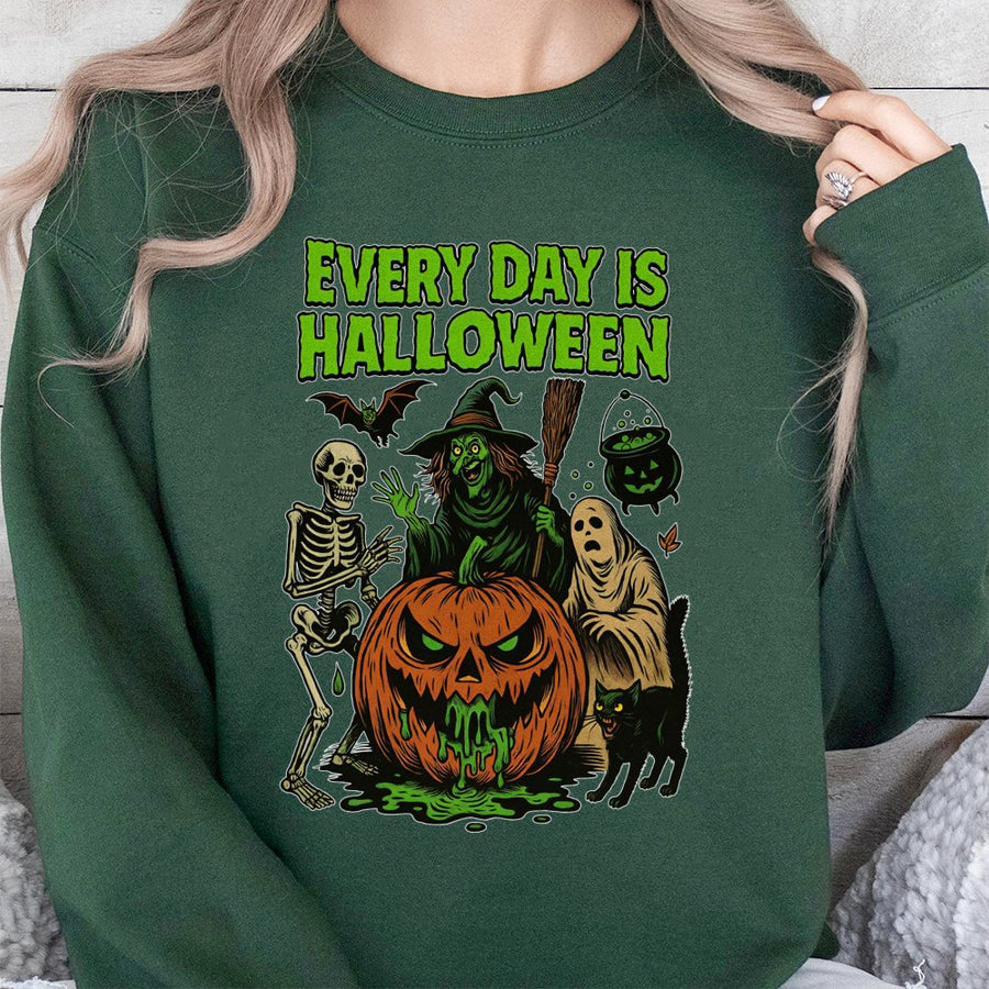Every Day Is Halloween Sweatshirt | Spooky Witch Skeleton Pumpkin Graphic | Premium Cotton Blend | Unisex Horror Lover Gift