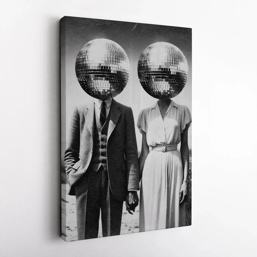Surreal Disco Ball Head Couple Canvas Print | Vintage Aesthetic Wall Art | Premium Gallery Wrapped Decor | Unique Gift For Music Lovers