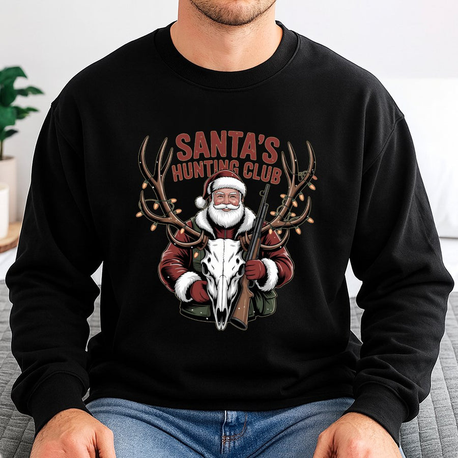 Santa’s Hunting Club Sweatshirt | Funny Christmas Deer Skull Graphic | Premium Cotton Blend | Gift for Hunters and Outdoorsmen