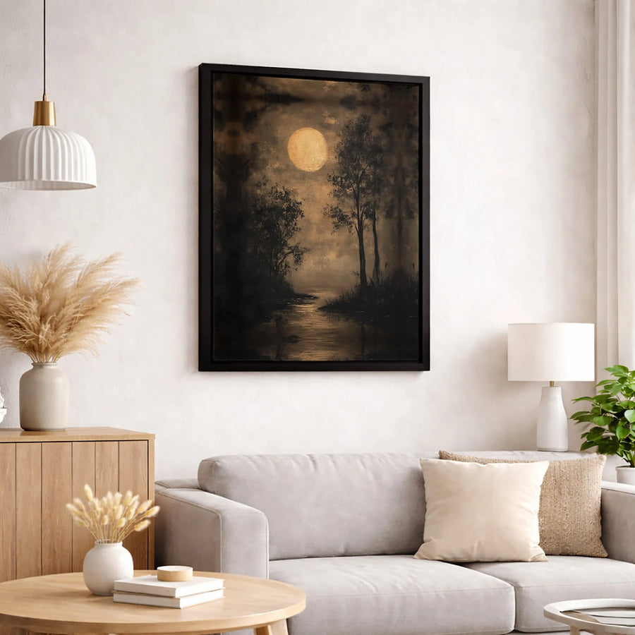 Moody Forest Wall Art | Full Moon River Landscape Canvas | Premium Gallery Wrapped Decor | Dark Academia Gothic Home Gift