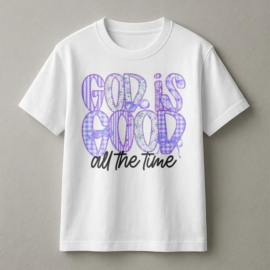 God Is Good T-Shirt | Purple Patchwork Floral Lettering | Premium Soft Cotton Tee | Inspirational Christian Gift for Women