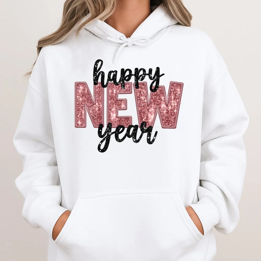 Happy New Year Hoodie | Rose Gold Faux Glitter Graphic | Premium Cotton Blend | Festive Holiday Party Apparel Gift