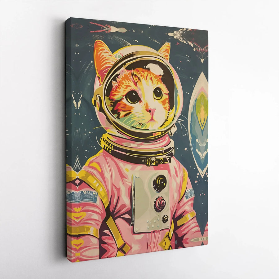 Astronaut Cat Canvas Wall Art | Retro Pop Art Cosmic Kitten Print | Premium Framed Canvas | Gift for Cat Lover, Kids Room & Nursery Decor