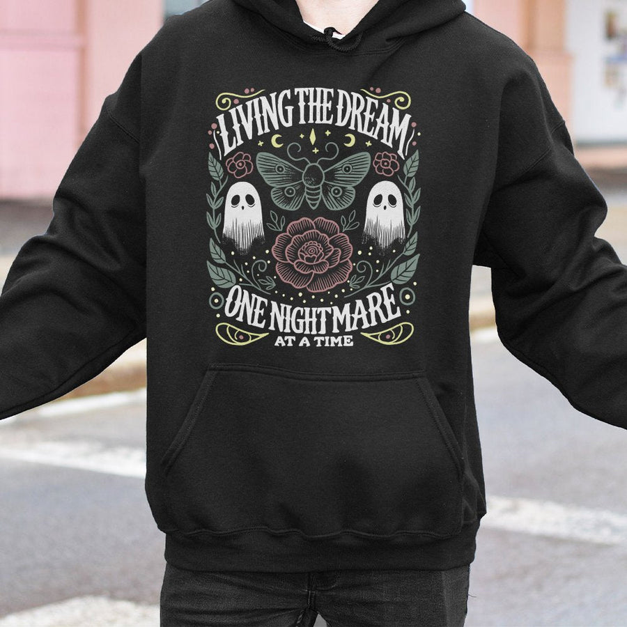 Living The Dream One Nightmare At A Time Hoodie | Vintage Moth & Ghost Floral Graphic | Soft Cotton-Polyester Blend | Spooky Halloween Gift For Her