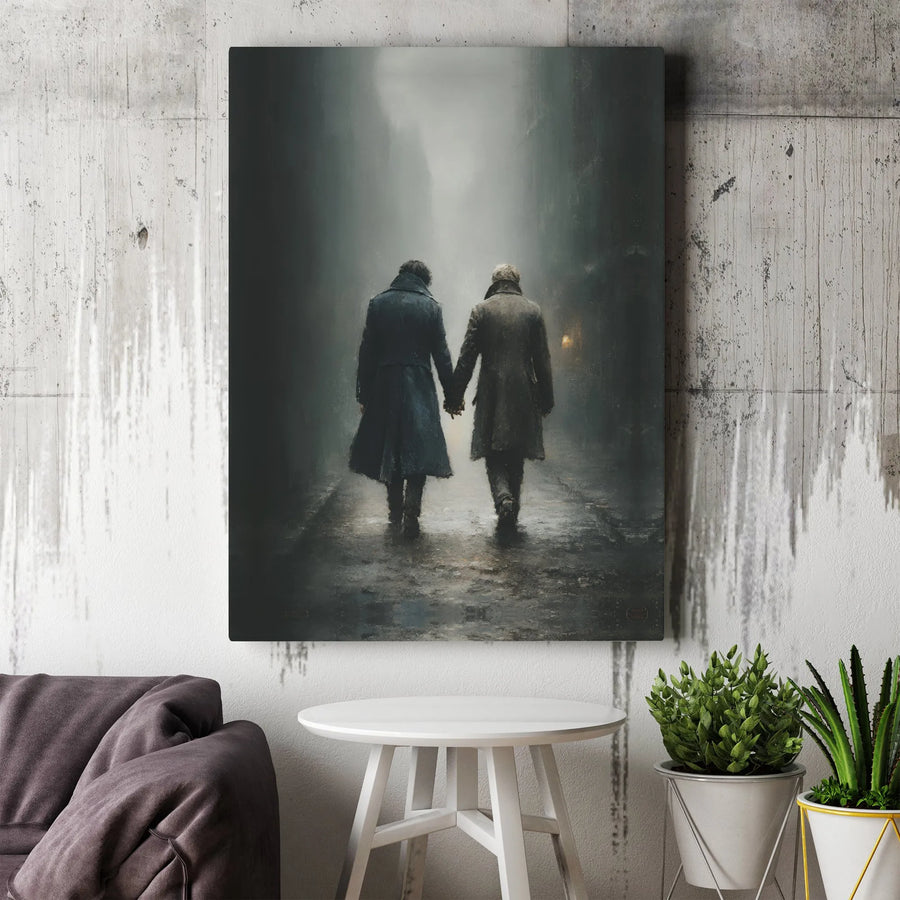 Men Holding Hands Canvas Art | Atmospheric Foggy City Alleyway Print | Premium Gallery-Wrapped | Romantic Gay Interest Wall Decor