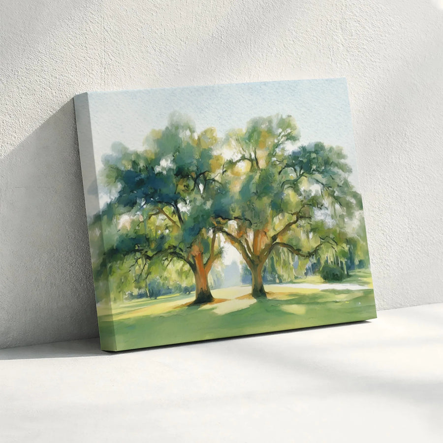 Southern Live Oak Canvas Print | Impressionist Twin Trees Painting | Premium Gallery Wrapped Wall Art | Farmhouse Living Room Decor Gift