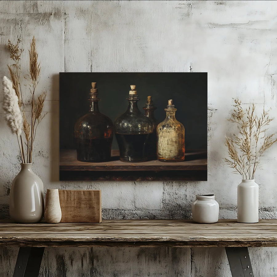 Dark Academia Canvas Wall Art | Moody Antique Bottle Still Life Print | Premium Gallery Wrapped Canvas | Vintage Kitchen Decor Gift