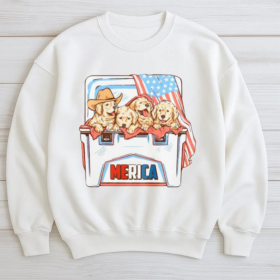 Patriotic Golden Retriever Sweatshirt | Cute Puppies in Cooler with USA Flag | Soft Cotton Graphic Tee | 4th of July Merica Gift for Dog Lovers
