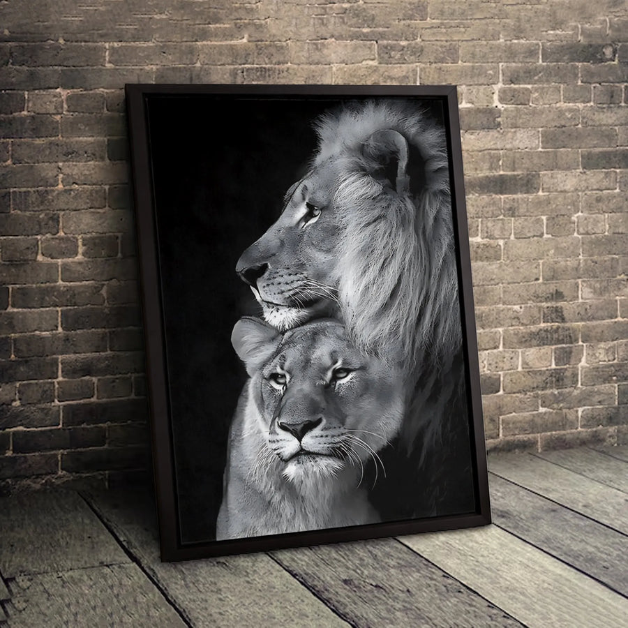 Lion and Lioness Couple Canvas | Black and White Wildlife Wall Art | Gallery Quality Premium Print | Romantic Bedroom Home Decor Gift