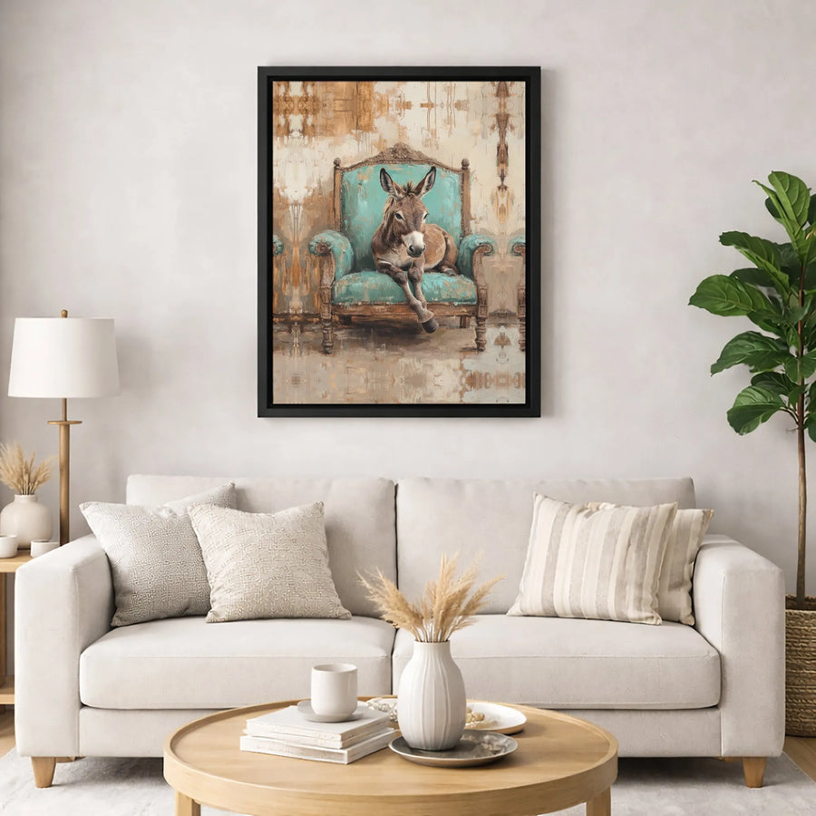 Donkey in Turquoise Armchair Wall Art | Whimsical Farmhouse Animal Portrait | Premium Gallery-Wrapped Canvas | Unique Gift for Animal Lovers