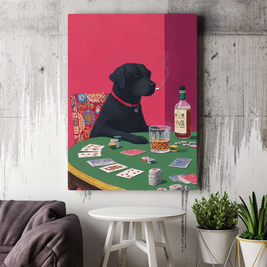 Black Lab Playing Poker Vertical Canvas | Funny Smoking Dog with Whiskey | Premium High-Resolution Wall Art | Man Cave Decor Collector's Gift for Poker Player