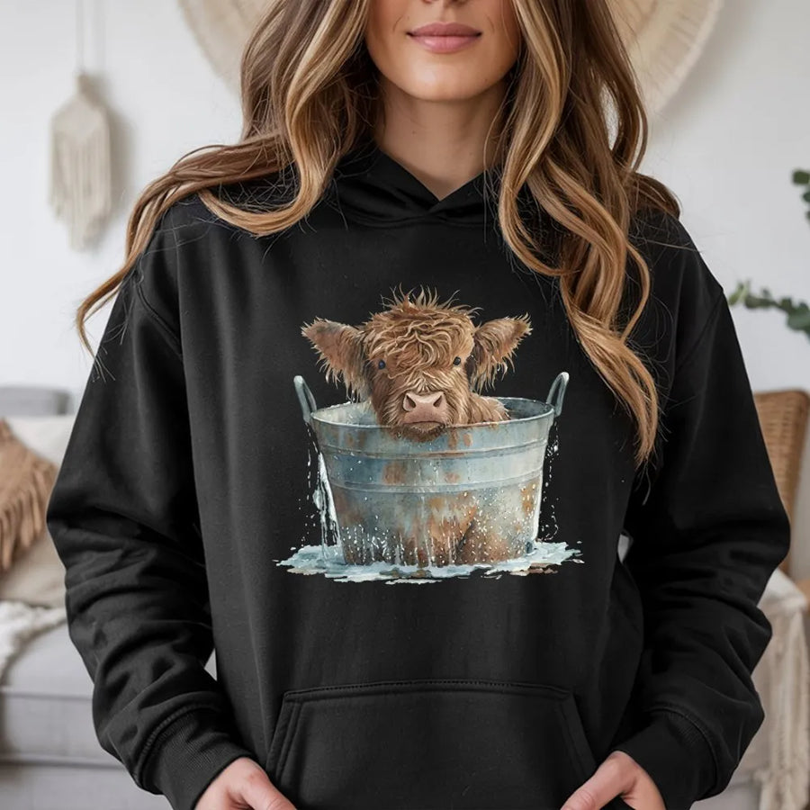 Highland Cow Hoodie | Watercolor Farm Animal Graphic | Premium Cotton Blend | Cute Animal Lover Gift for Women and Men