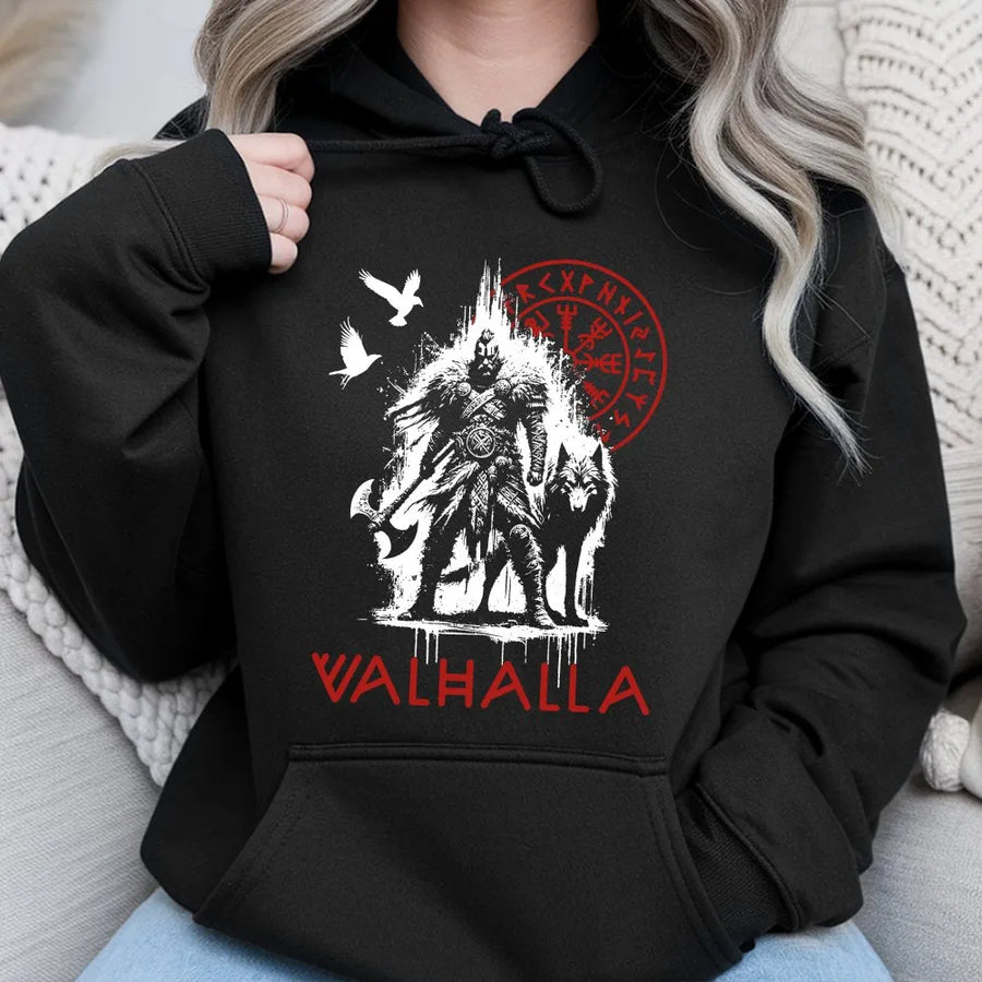 Viking Valhalla Hoodie | Norse Compass, Wolf & Raven Graphic | Premium Cotton Blend Pullover | Gift for Men, Nordic Mythology Apparel