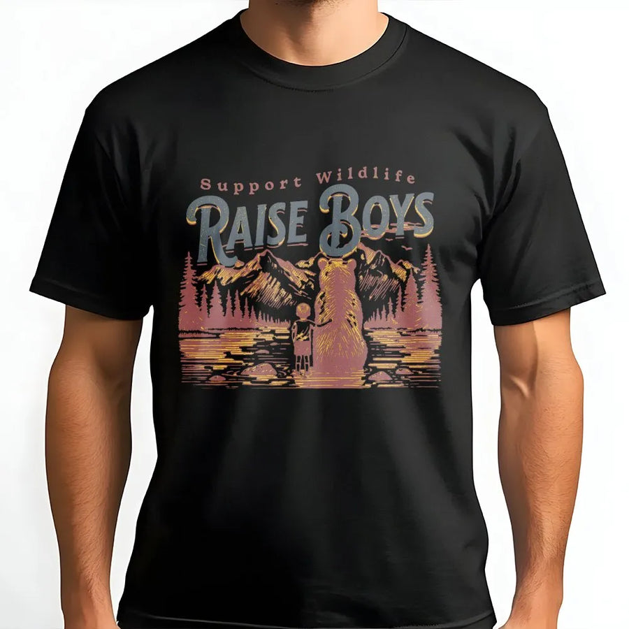 Support Wildlife Raise Boys T-Shirt | Funny Mama Bear Graphic Tee | Premium Cotton Comfort Colors Shirt | Nature Lover Gift for Mom
