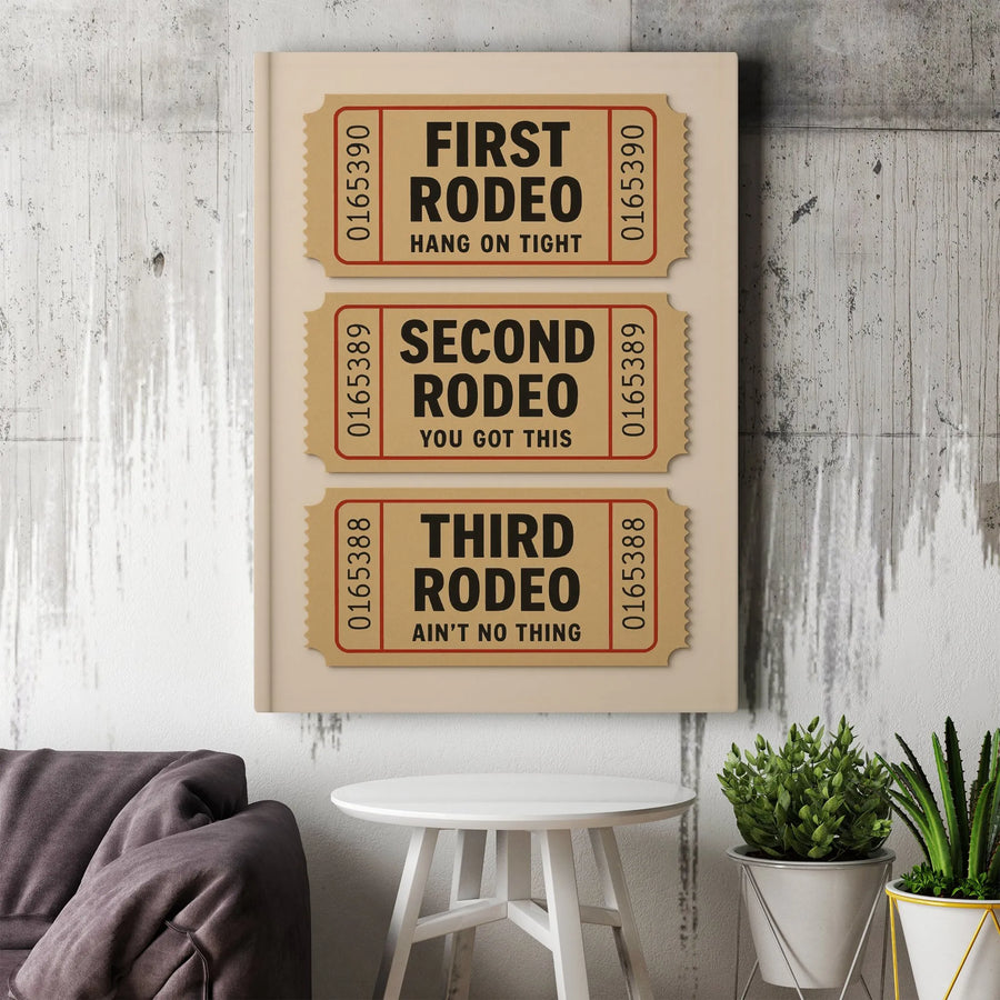 First Rodeo Canvas Wall Art | Vintage Ticket Stub Quote Design | Gallery-Quality 1.25-Inch Profile | Unique Encouraging Gift For New Moms And Dads