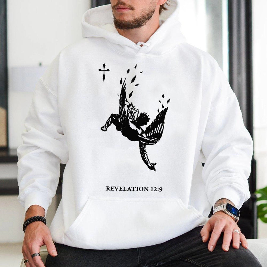 Revelation 12:9 Fallen Angel Hoodie | Gothic Bible Verse Graphic | Premium Cotton Blend | Christian Streetwear Gift for Men and Women
