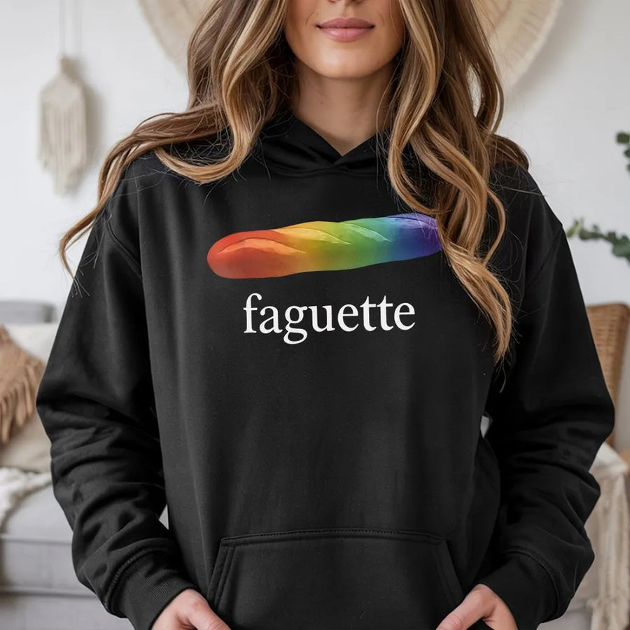 Faguette Hoodie | Funny Rainbow Baguette Pride Graphic | Soft Cotton Blend | Unisex LGBTQ Ally Gift for Pride Month