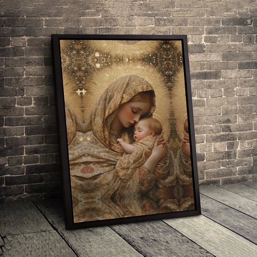 Virgin Mary and Child Jesus Canvas Art | Golden Halo Religious Wall Decor | Premium Fade-Resistant Print | Spiritual Home Gift