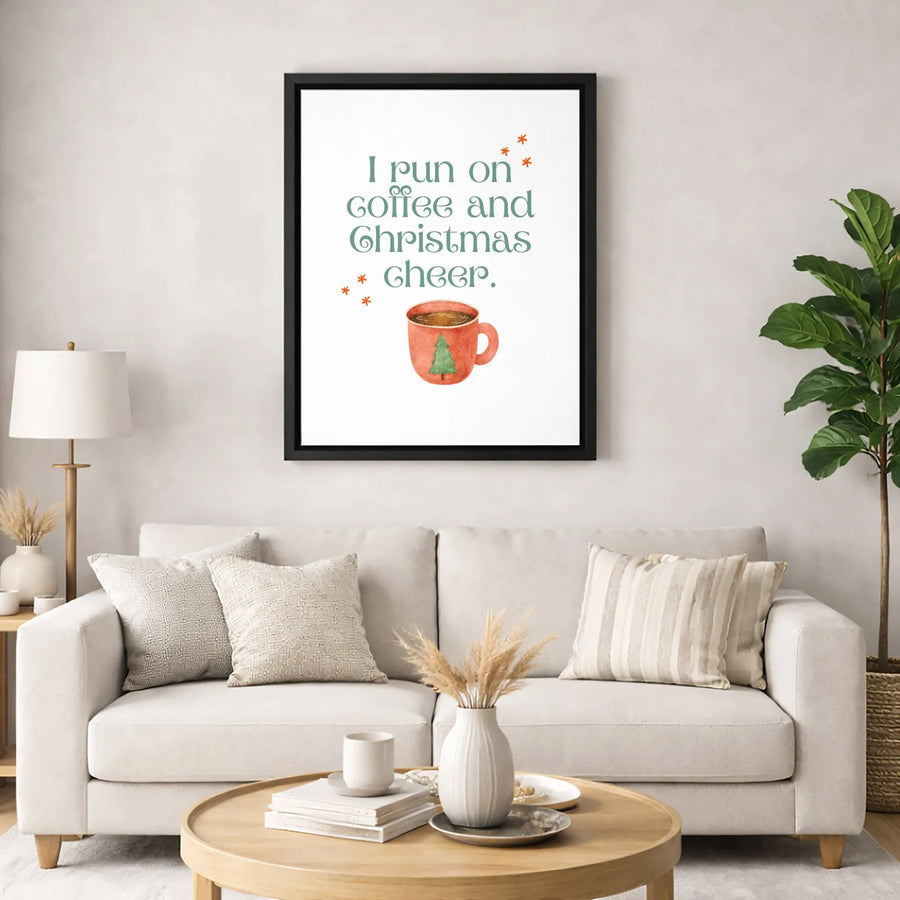 I Run On Coffee And Christmas Cheer Wall Art | Watercolor Mug Christmas Decor | Premium Gallery Wrap Canvas | Holiday Gift For Coffee Lovers