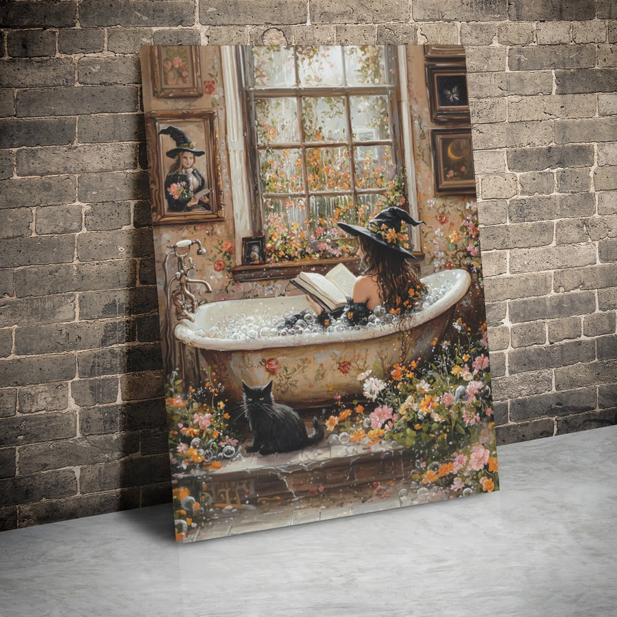 Witch Reading In Floral Bathtub Canvas | Whimsical Cottagecore Witchy Wall Art | 1.25 Inch Gallery Wrap | Spooky Aesthetic Home Decor Gift