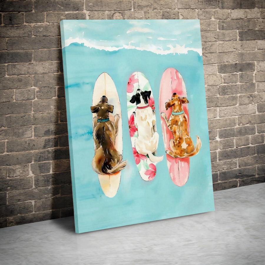 Surfing Dogs Canvas Wall Art | Watercolor Painting of Pups on Surfboards | Premium Thick Gallery Wrap | Gift for Dog Lover & Coastal Home Decor