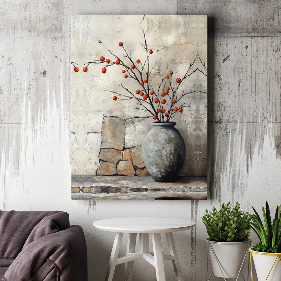Rustic Still Life Canvas Wall Art | Vase With Red Berries | Premium Gallery Wrapped Print | Farmhouse Home Decor for Living Room Office
