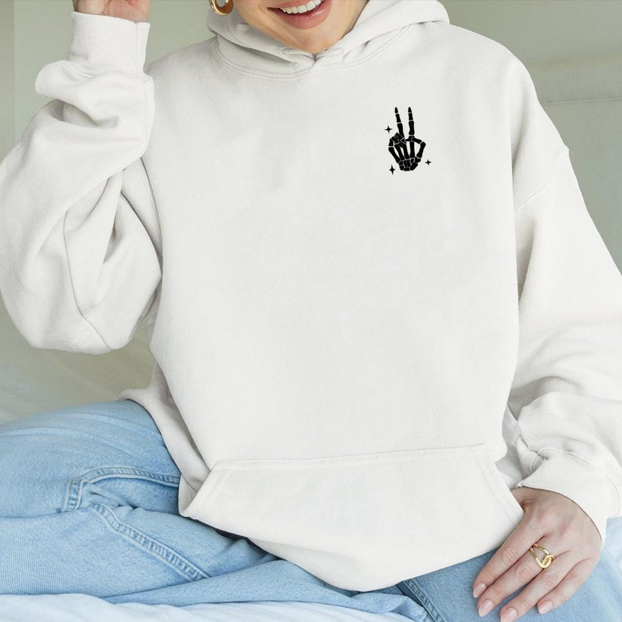 Skeleton Peace Sign Hoodie | Minimalist Aesthetic Graphic Print | Soft Cotton-Polyester Blend | Trendy Gift for Her and Him