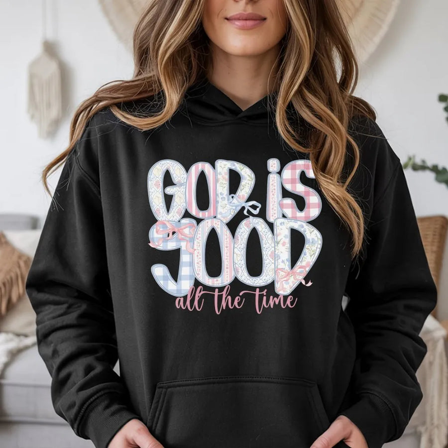 Faith Based Hoodie | God Is Good Pastel Gingham & Floral Graphic | Soft Cotton Tee | Inspirational Christian Gift for Women